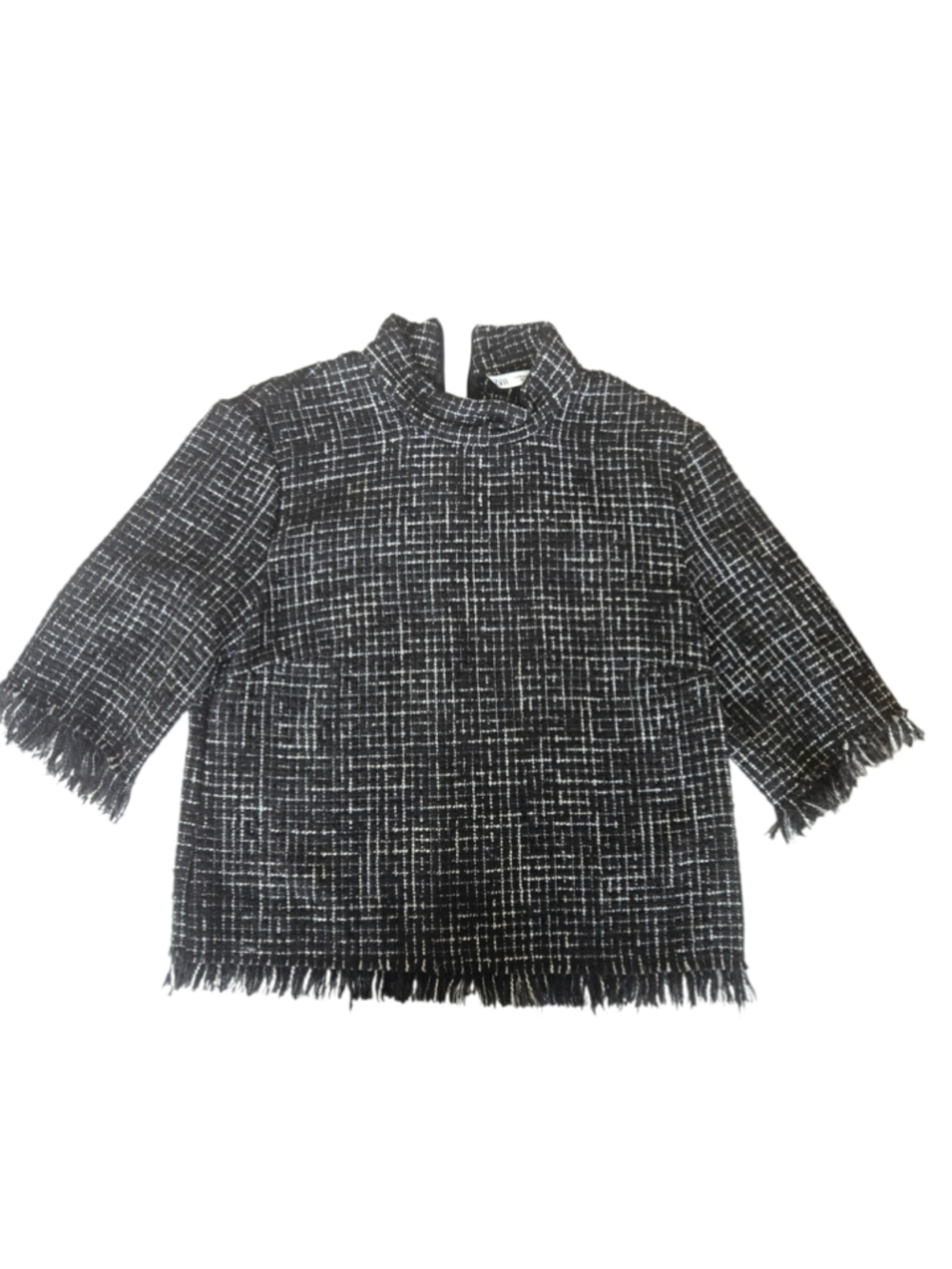 Zara Tweed Fringe Trim Mock Neck 3/4 Sleeve Boxy Crop Top Black M